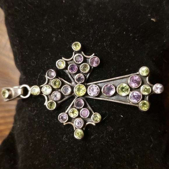 925 silver cross with amethyst and peridot stones - Picture 1 of 4
